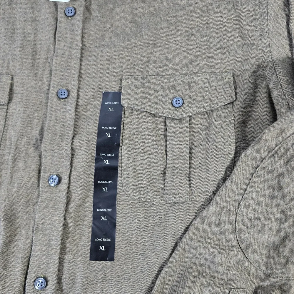 Banana Republic Mens XL Tailored Slim Fit Herringbone Utility Shirt Olive Brown